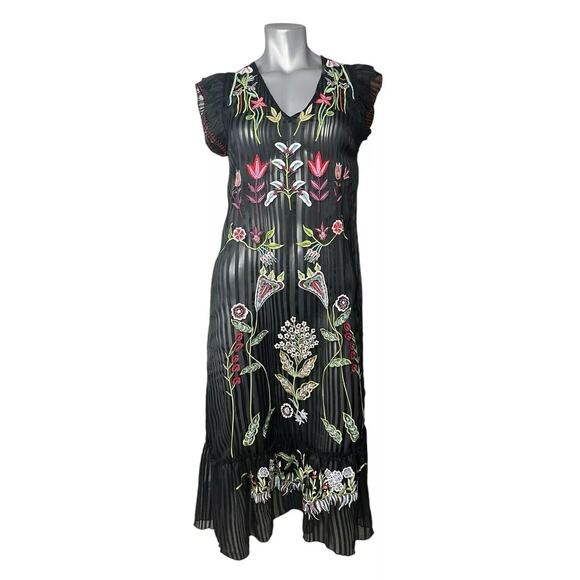 Anthropologie Not So Serious Dress Black Beaded Floral Black 2 Fairy Whimsigoth - Picture 1 of 13